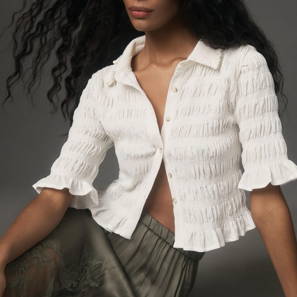 Maeve White Puff Sleeve Polo Collar Top